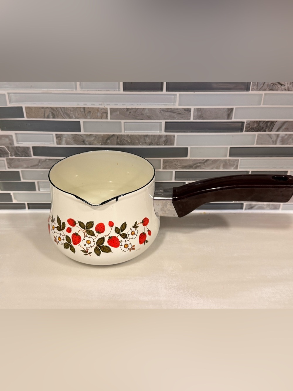 Sheffield Strawberries 'n Cream Enameled Butter Warmer Milk Pan
